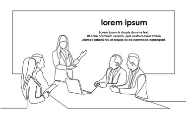 Continuous one line drawing of woman explaining graphic of marketing executive with group of business people discussing in conference room. Creative business team brainstorming project in doodle style