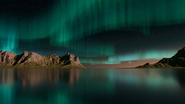Majestic Sky with Aurora and Stars. Green Northern Lights Banner with copy-space.