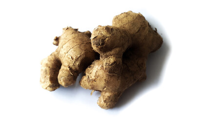 Ginger on a isolated white background. Top view photo angel for food and drink ingredients
