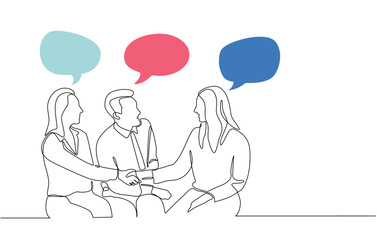 Continuous one line drawing of three business people chatting and discussing with speech bubbles. Happy Friends or Family meet with handshake and chat chat accompanied by speech bubbles in doodle styl