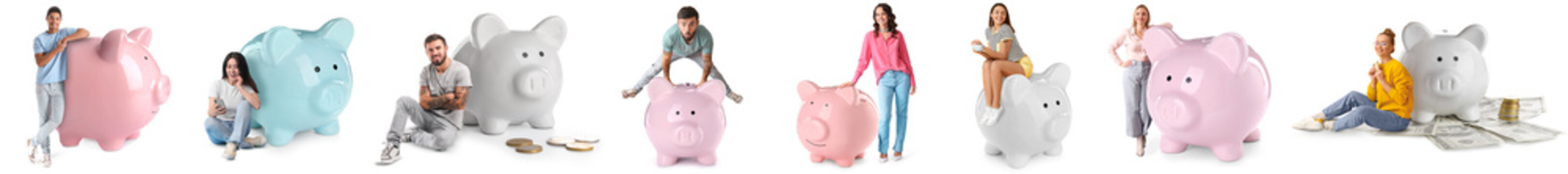 Set Of People And Big Piggy Banks On White Background