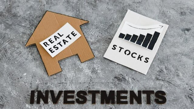 investment opportunities and building wealth, house icon next to stock market stats with text underneath
