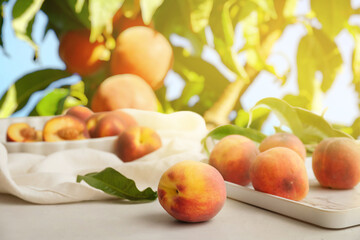 Sweet ripe peaches on table in garden
