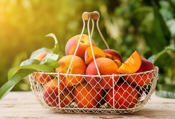 Basket of ripe peaches on table in garden