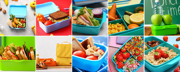 Collage with many different lunch boxes full of tasty food