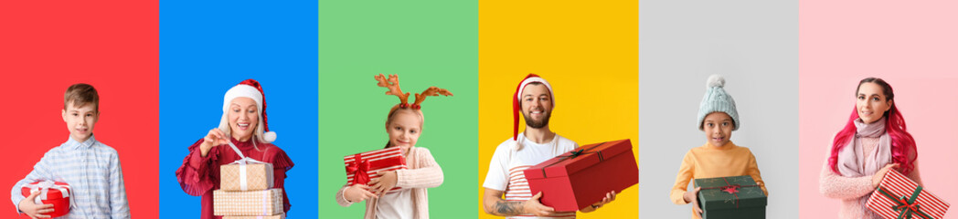 Collage of different people with Christmas gifts on color background