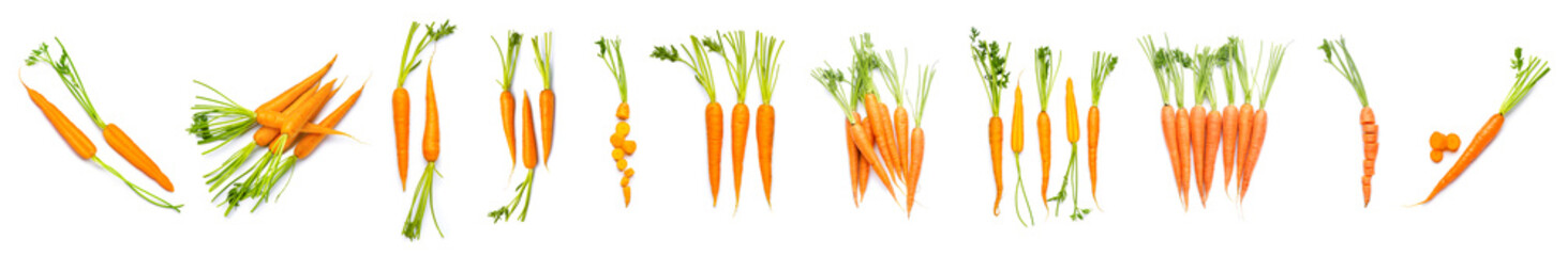 Set of fresh carrots isolated on white, top view