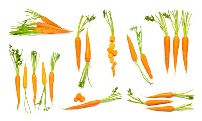 Set of fresh carrots isolated on white - obrazy, fototapety, plakaty