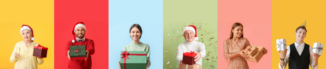 Set of different people with Christmas gifts on color background