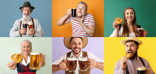 Octoberfest collage with many people drinking beer and eating snacks on color background