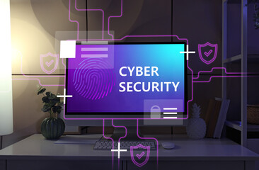 Modern computer at workplace in evening. Cyber security concept
