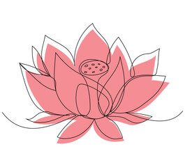 Continuous one line drawing of lotus flower. Modern style vector illustration on isolated background.