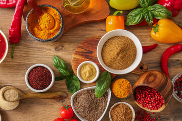 Composition with bowls of different spices and fresh vegetables on wooden background