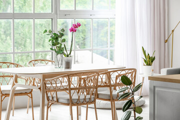 Beautiful orchid flower and vase with eucalyptus branches on table in light room interior