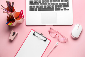 Composition with different stationery, eyeglasses, laptop and computer mouse on color background