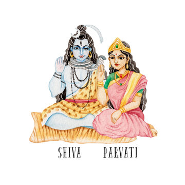 インド神話 神 シヴァ シバ パールヴァティー　水彩 イラスト