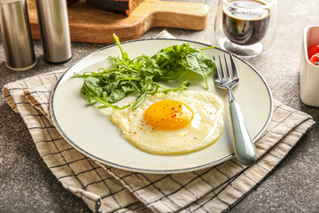 Plate with tasty fried egg and greens on table, closeup