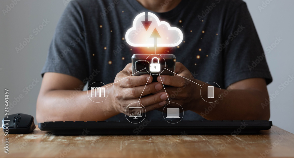 Poster cyber security concept. man uses a smartphone with a cloud computing diagram on hand. cloud technolo