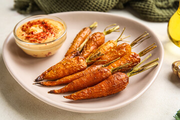Plate with tasty baked carrots and sauce on light background, closeup