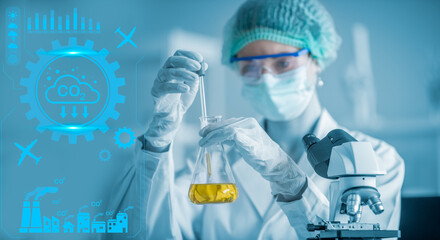 Fototapeta premium Double exposure scientist uniform ,face mask scientist trinocular microscope camera ,science laboratory oil test research and development environment industry effective with oil refinery background.