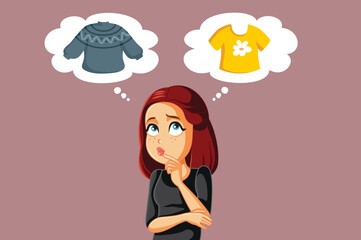 Young Woman Thinking about Wearing a Sweater or a Shirt. Fashion girl deciding what to wear on warm or cold weather season


