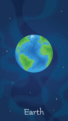 Solar system planet Earth vector illustration. Astronomical object art concept on night sky vertical space background with cartoon style planet Earth for children galaxy science game