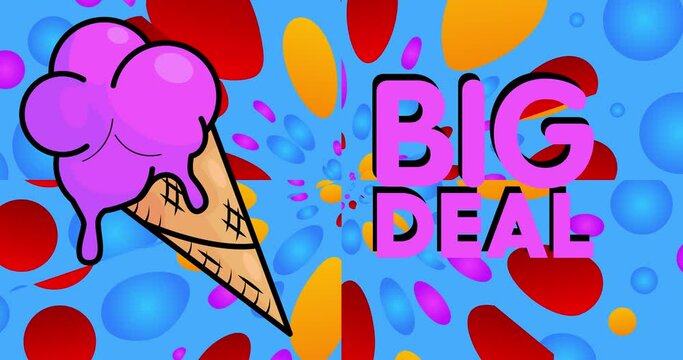 Ice Cream with Big Deal text. Colorful animated dancing summer sweet food cartoon. 4k resolution animation, moving image.