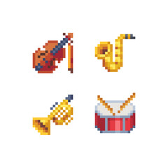Musical instrument pixel art web icons set. Trumpet, drum, violin and saxophone  Design for logo game, sticker, web, mobile app, badges and patches. Isolated vector illustration.
