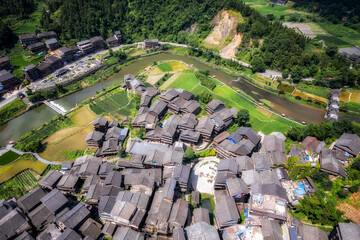 Aerial photography of the pastoral scenery of ancient Dong people's houses in Bazhai, Chengyang, Liuzhou