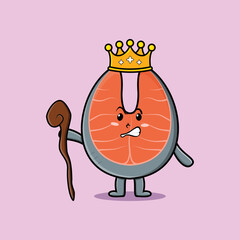 Cute cartoon fresh salmon mascot as wise king with golden crown and wooden stick