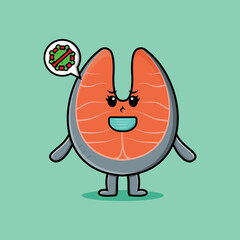 Cute cartoon illustration fresh salmon using mask to prevent corona virus in modern style design
