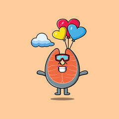 Cute cartoon Fresh salmon mascot is skydiving with balloon and happy gesture cute modern style design 