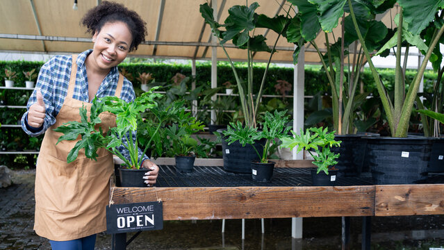 Portrait of beautiful women owner standing in own tree shop and smiling. African American females business partners working garden store. Business concept.Tablet quality control.Clip board.