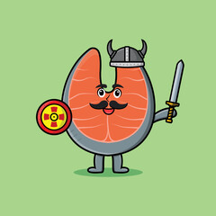 Cute cartoon character Fresh salmon viking pirate with hat and holding sword and shield