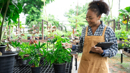 Portrait of beautiful women owner standing in own tree shop and smiling. African American females business partners working garden store. Business concept.Tablet quality control.Clip board.