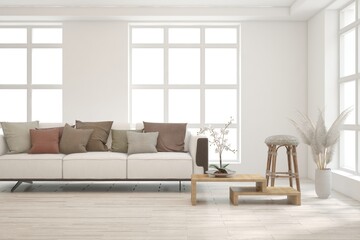 Fototapeta premium White living room with sofa. Scandinavian interior design. 3D illustration