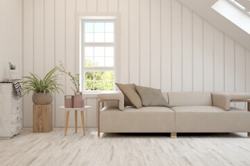 White living room with sofa. Scandinavian interior design. 3D illustration