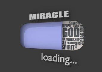Progress bar or loading bar with christianity religion relative tags cloud. Miracle word. 3D render