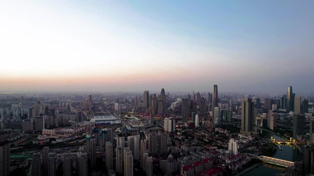 Early morning aerial photography of Jintang Bridge and city skyline of Haihe River in Tianjin, China