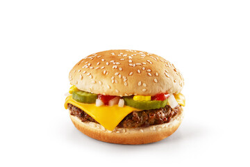 Delicious Cheese Beef Burger consists of Bun Bread, Patty, Pickle, Onion, Mayonnaise, Ketchup and Red Cheddar Cheese in a white background