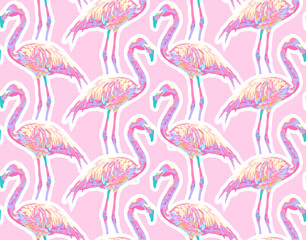 Flamingo Seamless Pattern Art On Blue-Sky Color Background Wallpaper, Tropical Animal Art Pattern