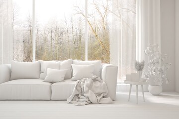 White minimalist living room with sofa. Scandinavian interior design. 3D illustration