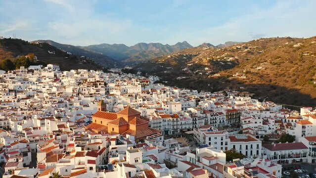 Aerial Drone View of Spanish Town in Spain, Torrox, Costa Del Sol Mountains, Andalusia (Andalucia), Europe, Traditional White Town Buildings and Houses Popular in Property Real Estate Housing Market