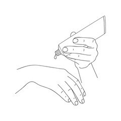 Hand in realistic gesture applies cream from tube to other hand. Female hands of stroking and rubbing to skin moisturizing cream. Taking care of your health, beauty and youth. Sketch, linear drawing
