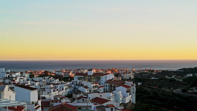 Aerial Drone View of Torrox, a White Spanish Town on Costa Del Sol at Sunset, Andalusia (Andalucia), Spain, Europe, Houses with Mediterranean Ocean View, a Popular Tourist Destination
