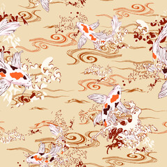 BEAUTIFUL POND FISH SEAMLESS PATTERN ART DESIGN FASHION BACKGROUND WALLPAPER, Hawaii Japan Style, koi fish
