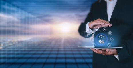 Business network communication concept. 5G Network Internet Mobile Wireless. 5g internet connects all activities in your hands shopping, finance, travel, location, contact, etc with copy space banner