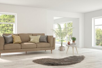 White living room with sofa and summer landscape in window. Scandinavian interior design. 3D illustration