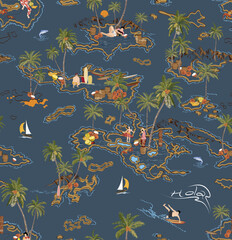 Island Tropical Palm Beach Seamless Vector illustration Art  