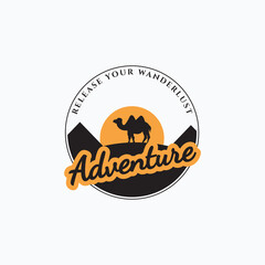 Simple adventure badge vector illustration design. Minimalist camel silhouette logo concept